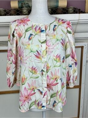 H&M NWOT Bird& Flower Delicate print, full sleeves Linen Blend